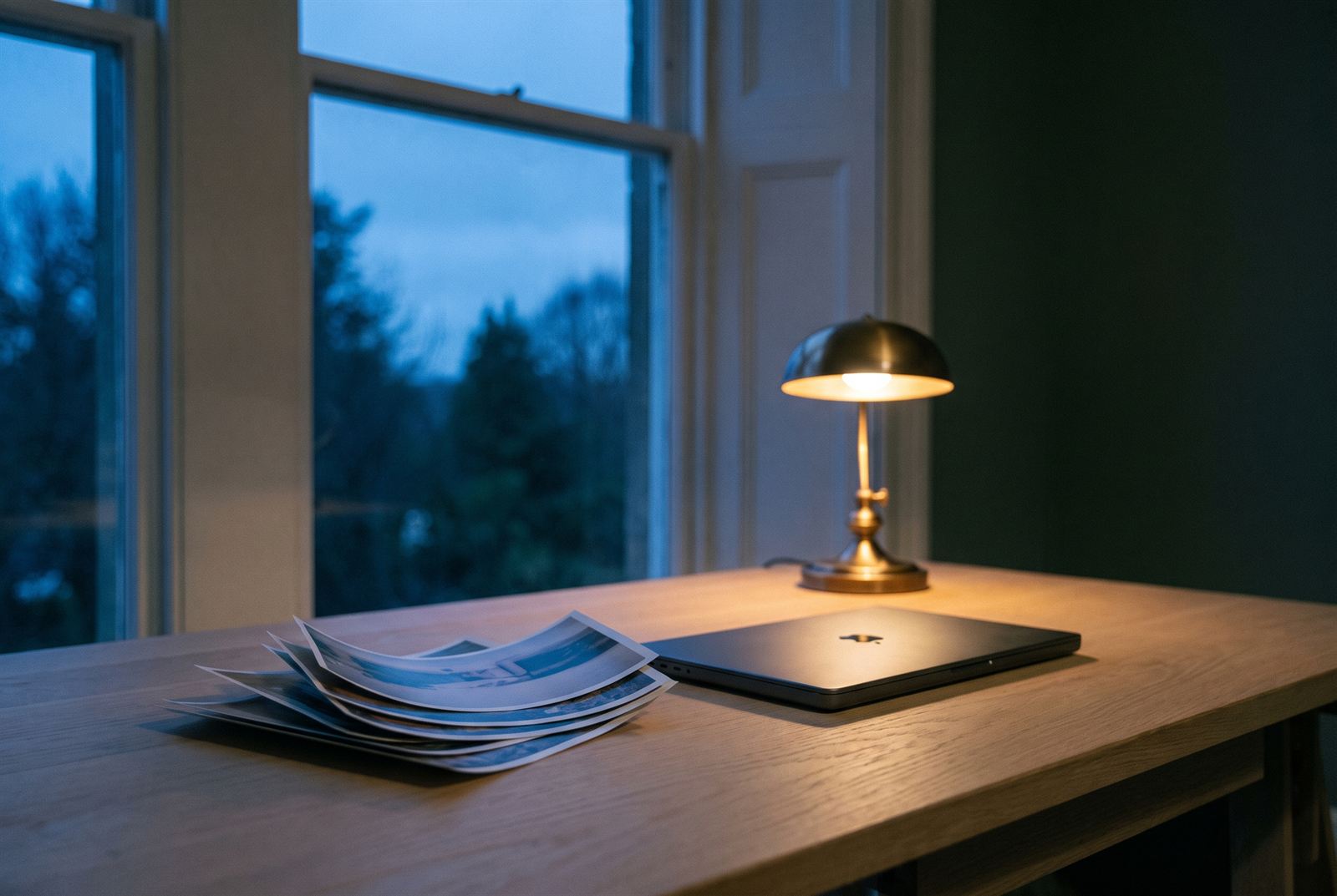 A closed laptop and a stack of printed photographs on a pale oak desk beside a brass lamp at blue hour.