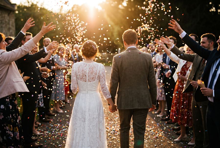 A couple walking away hand in hand through a shower of confetti thrown by guests, backlit by low evening sun.