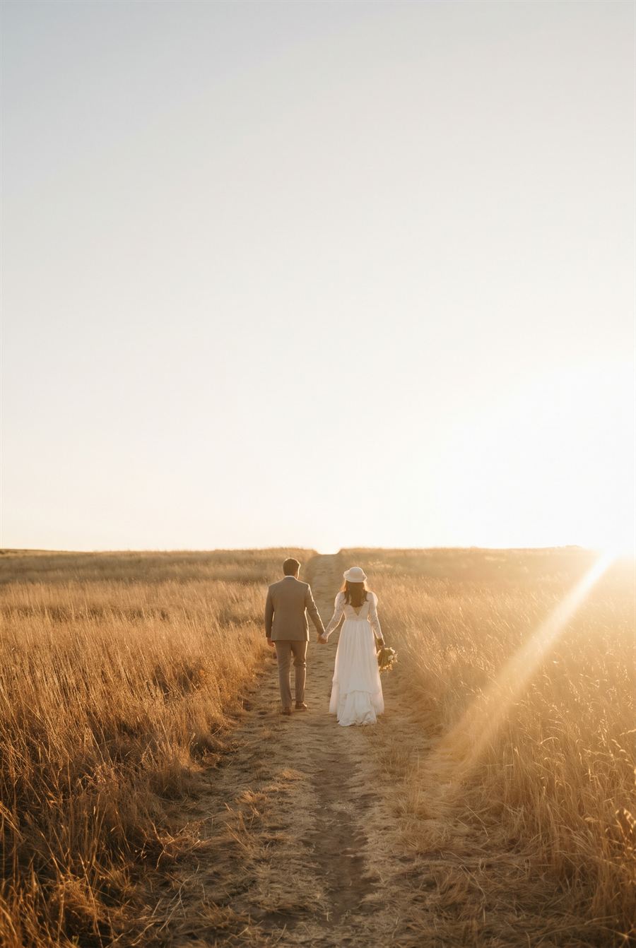 A couple walking away along a path through tall dry grass at golden hour.