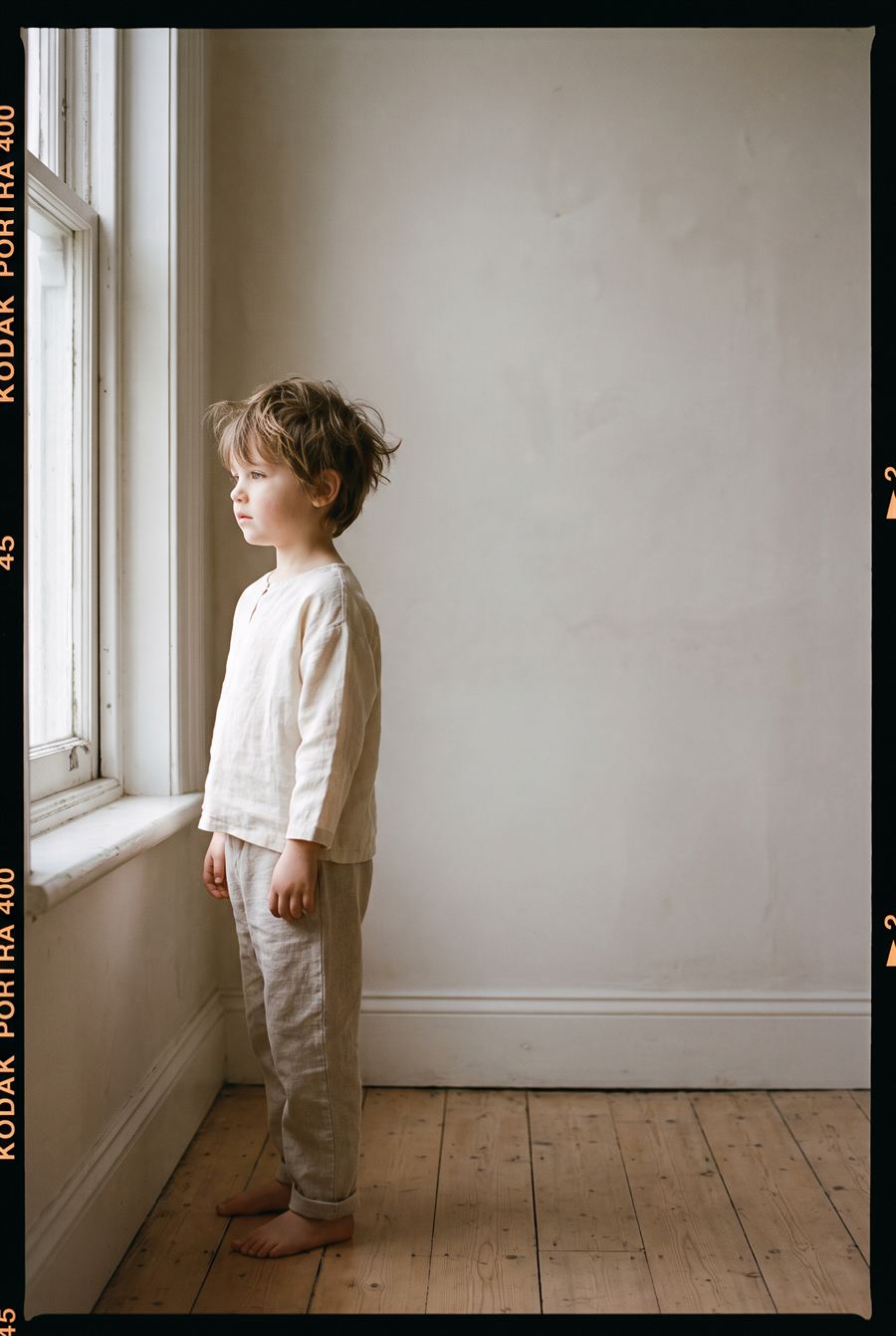 A young child standing at a tall window in profile, lit by soft daylight.